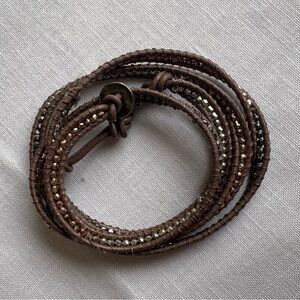 AR Brown & Silver Beaded Leather Cord Wrap Bracelet